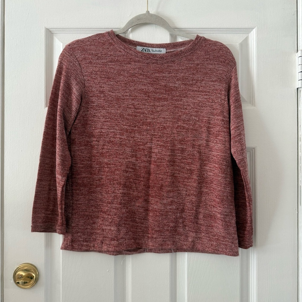 Zara Marled Rose Long-Sleeve Crewneck Top